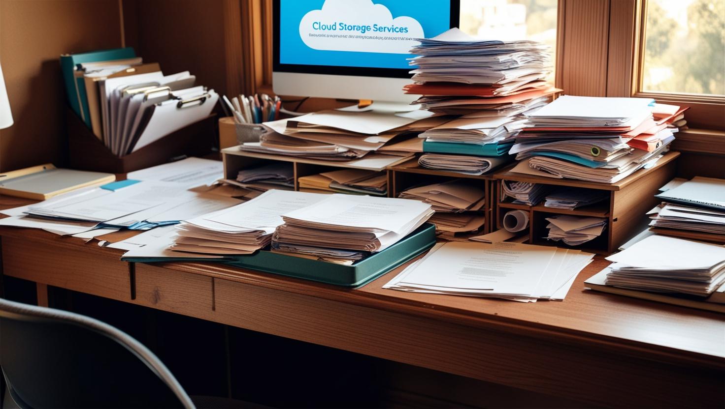 A cluttered desk with piles of unorganized documents and a computer monitor