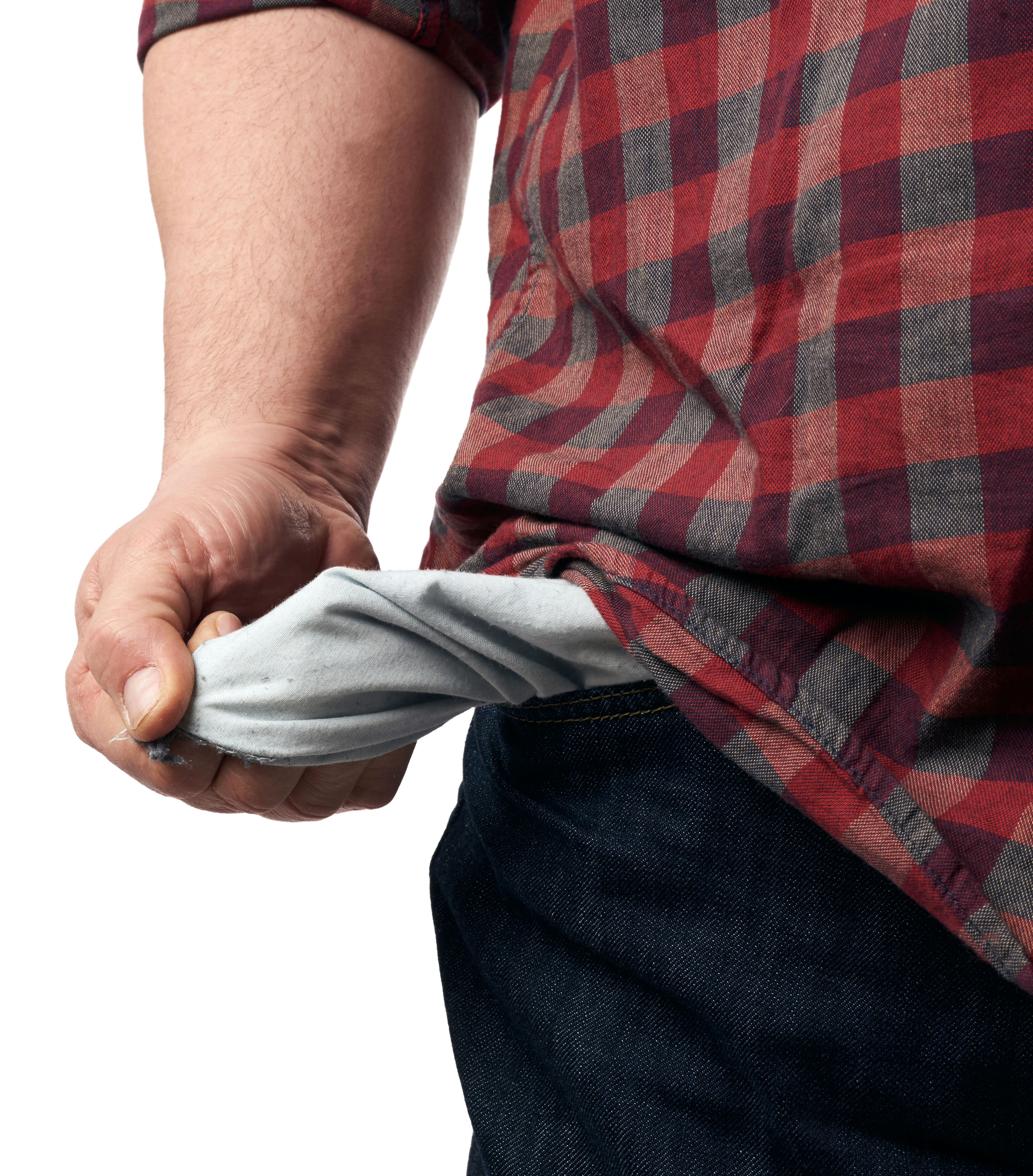 A person turning out their empty pockets, symbolizing the frustration of unexpected tech expenses.