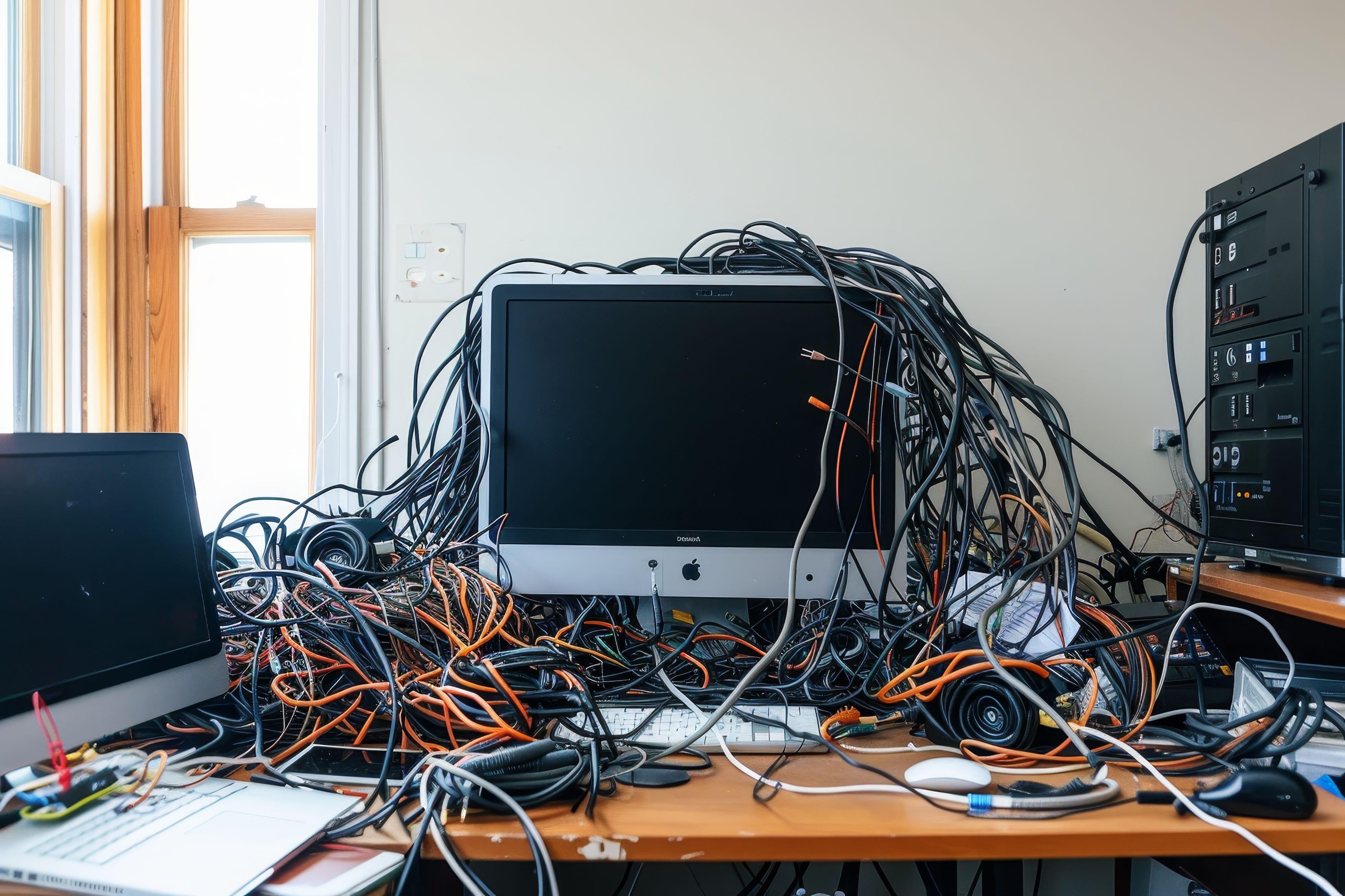 A messy tangle of wires in an office setting, symbolizing hardware issues.