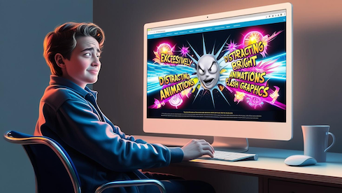 A frustrated person recoiling from a busy, flashy monitor